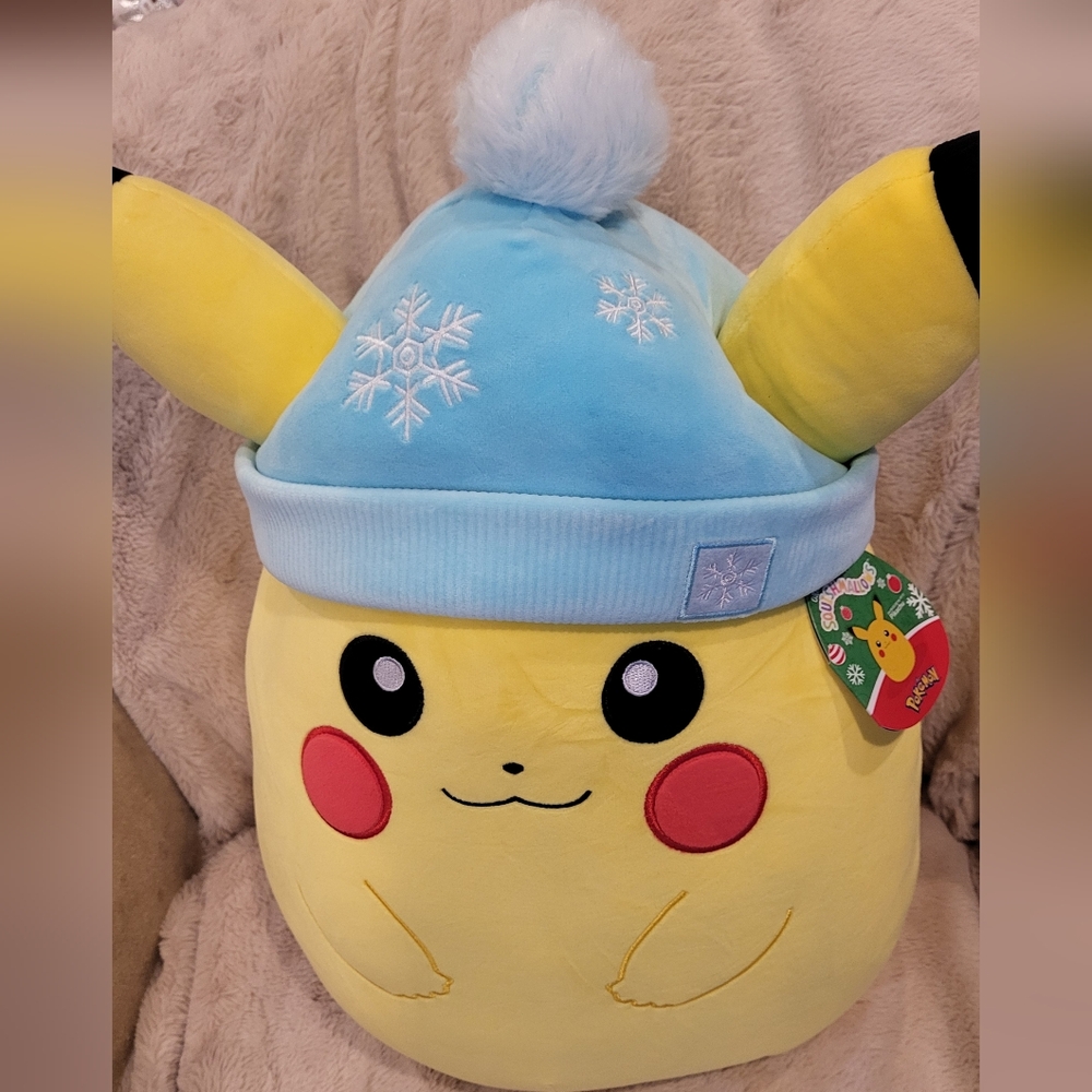 NWT Winter Pikachu Squishmallows Plush Toy with Blue Snowflake Hat